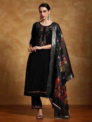 Varanga Women Floral Motif Thread Embroidered Yoke Kurta with Trouser & Dupatta